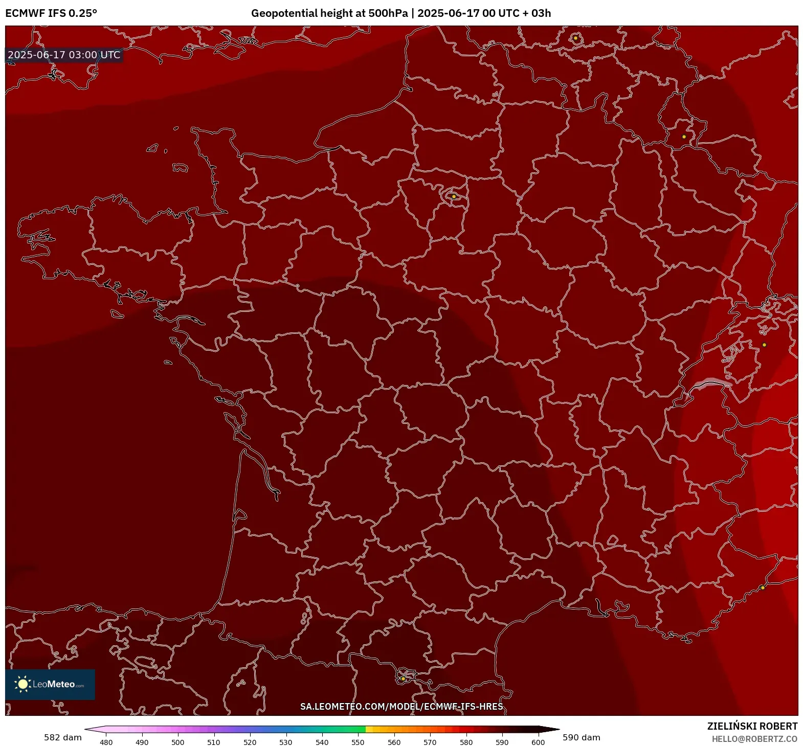 ECMWF IFS 0.25° model - Perancis, Ketinggian geopotensial pada 500 hPa ECMWF IFS 0.25° model - Perancis, Ketinggian geopotensial pada 500 hPa