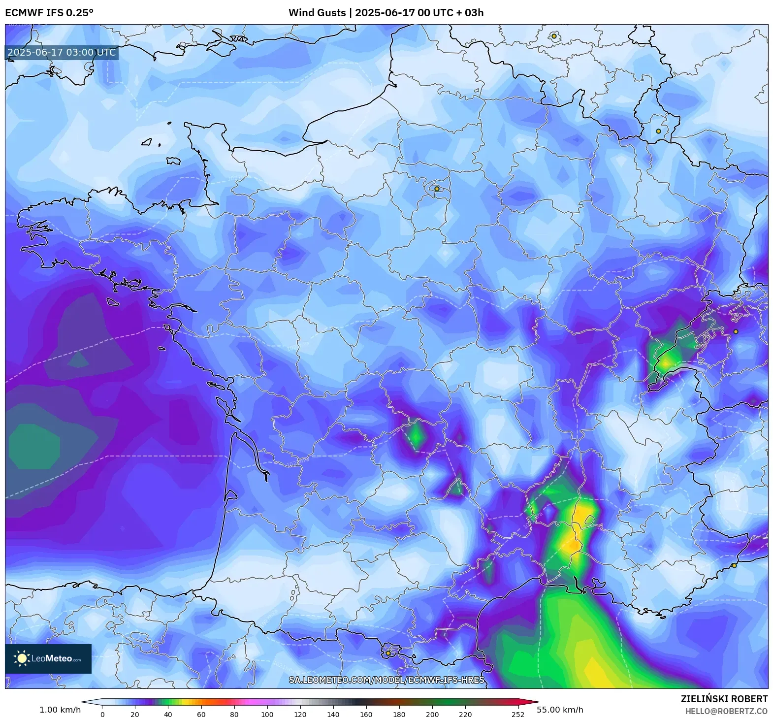 ECMWF IFS 0.25° model - Perancis, Hembusan Angin ECMWF IFS 0.25° model - Perancis, Hembusan Angin