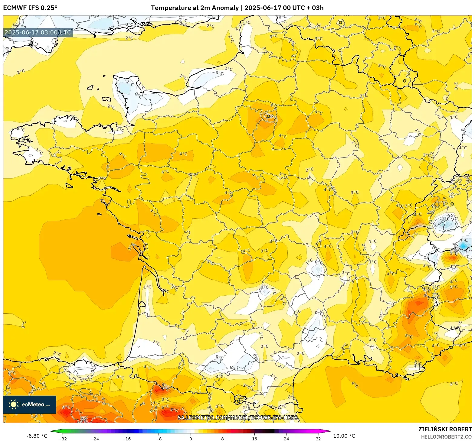 ECMWF IFS 0.25° model - Perancis, Anomali Suhu 2 m ECMWF IFS 0.25° model - Perancis, Anomali Suhu 2 m