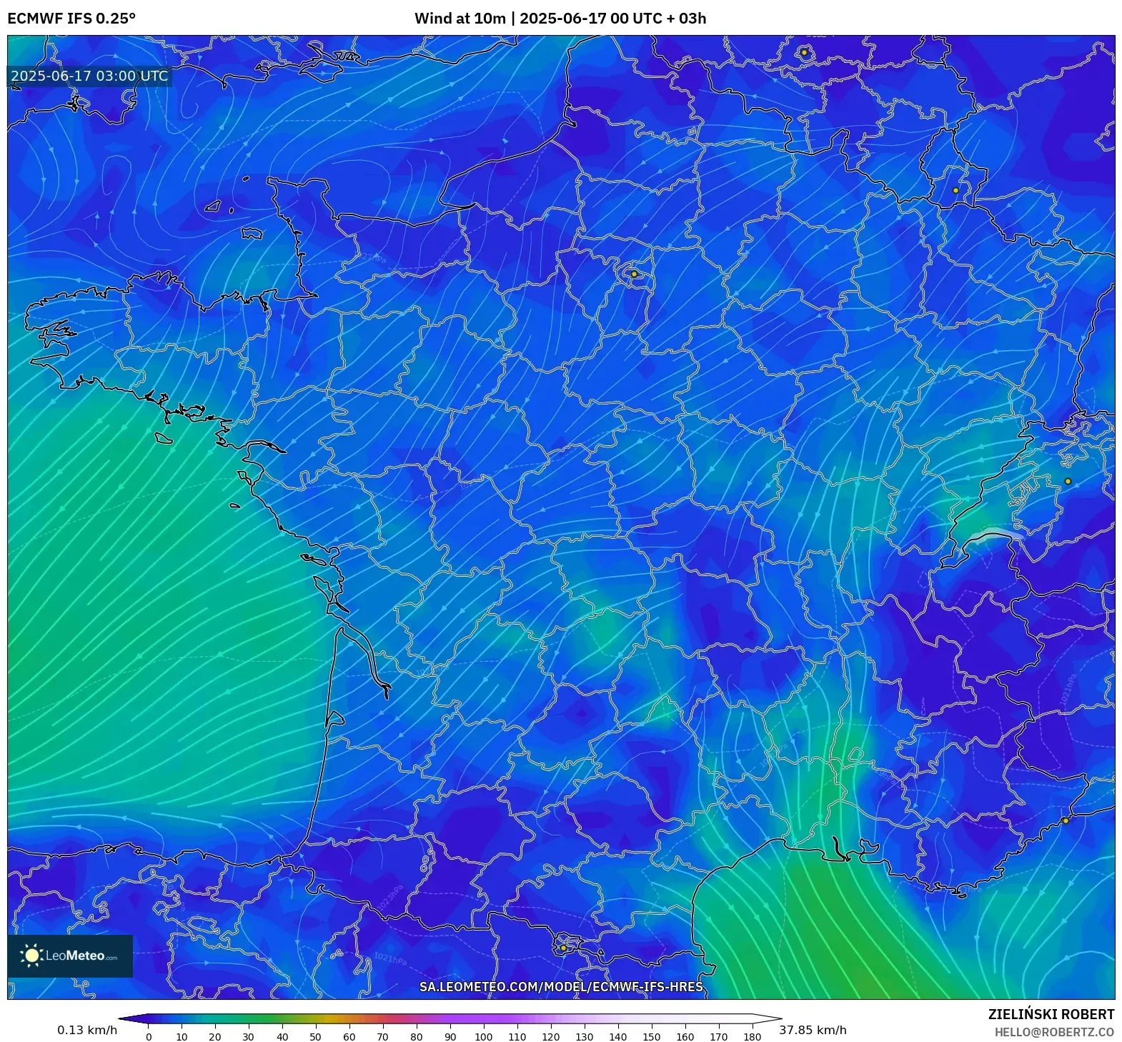ECMWF IFS 0.25° model - Perancis, Angin 10 m ECMWF IFS 0.25° model - Perancis, Angin 10 m