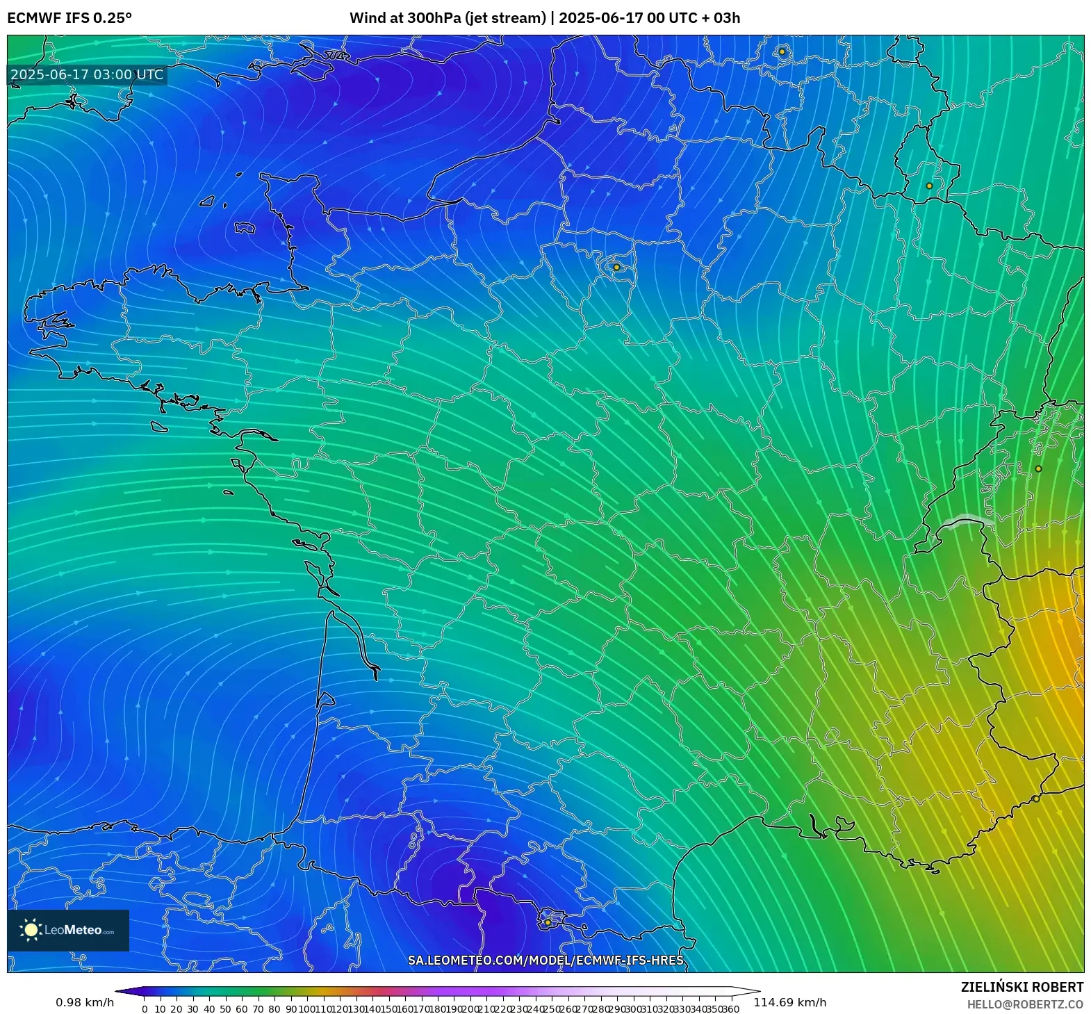 ECMWF IFS 0.25° model - Perancis, Angin 300 hPa (aliran jet) ECMWF IFS 0.25° model - Perancis, Angin 300 hPa (aliran jet)
