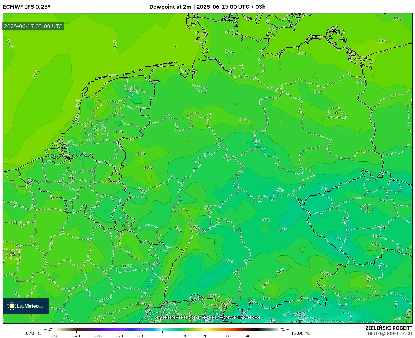 ECMWF IFS 0.25° model - Jerman, Takat Embun 2 m ECMWF IFS 0.25° model - Jerman, Takat Embun 2 m