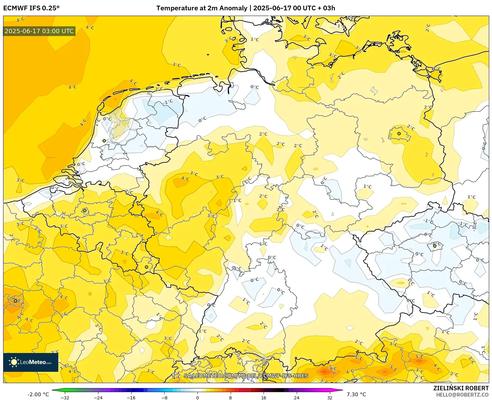 ECMWF IFS 0.25° model - Jerman, Anomali Suhu 2 m ECMWF IFS 0.25° model - Jerman, Anomali Suhu 2 m