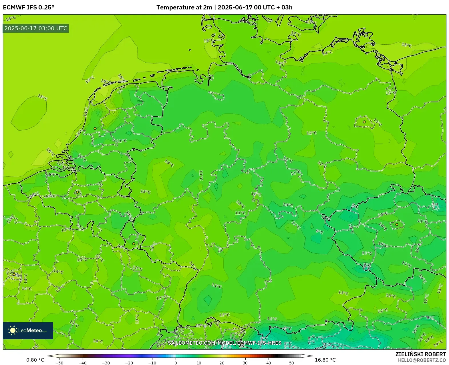 ECMWF IFS 0.25° model - Jerman, Suhu pada 2 m ECMWF IFS 0.25° model - Jerman, Suhu pada 2 m