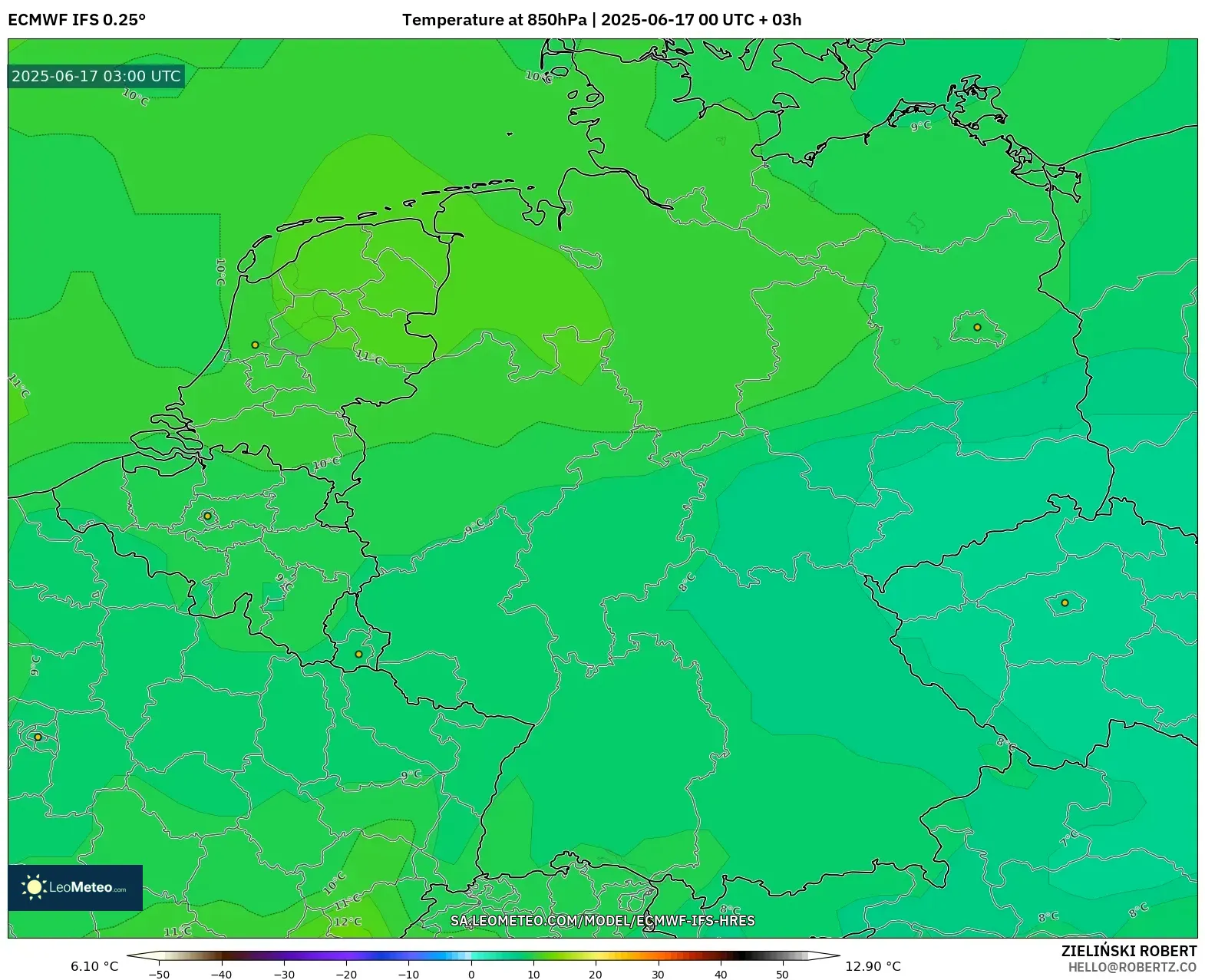 ECMWF IFS 0.25° model - Jerman, Suhu 850 hPa ECMWF IFS 0.25° model - Jerman, Suhu 850 hPa
