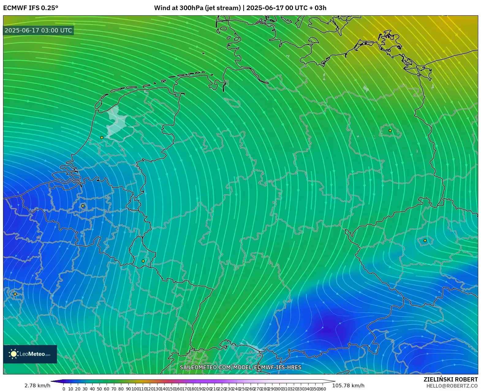 ECMWF IFS 0.25° model - Jerman, Angin 300 hPa (aliran jet) ECMWF IFS 0.25° model - Jerman, Angin 300 hPa (aliran jet)