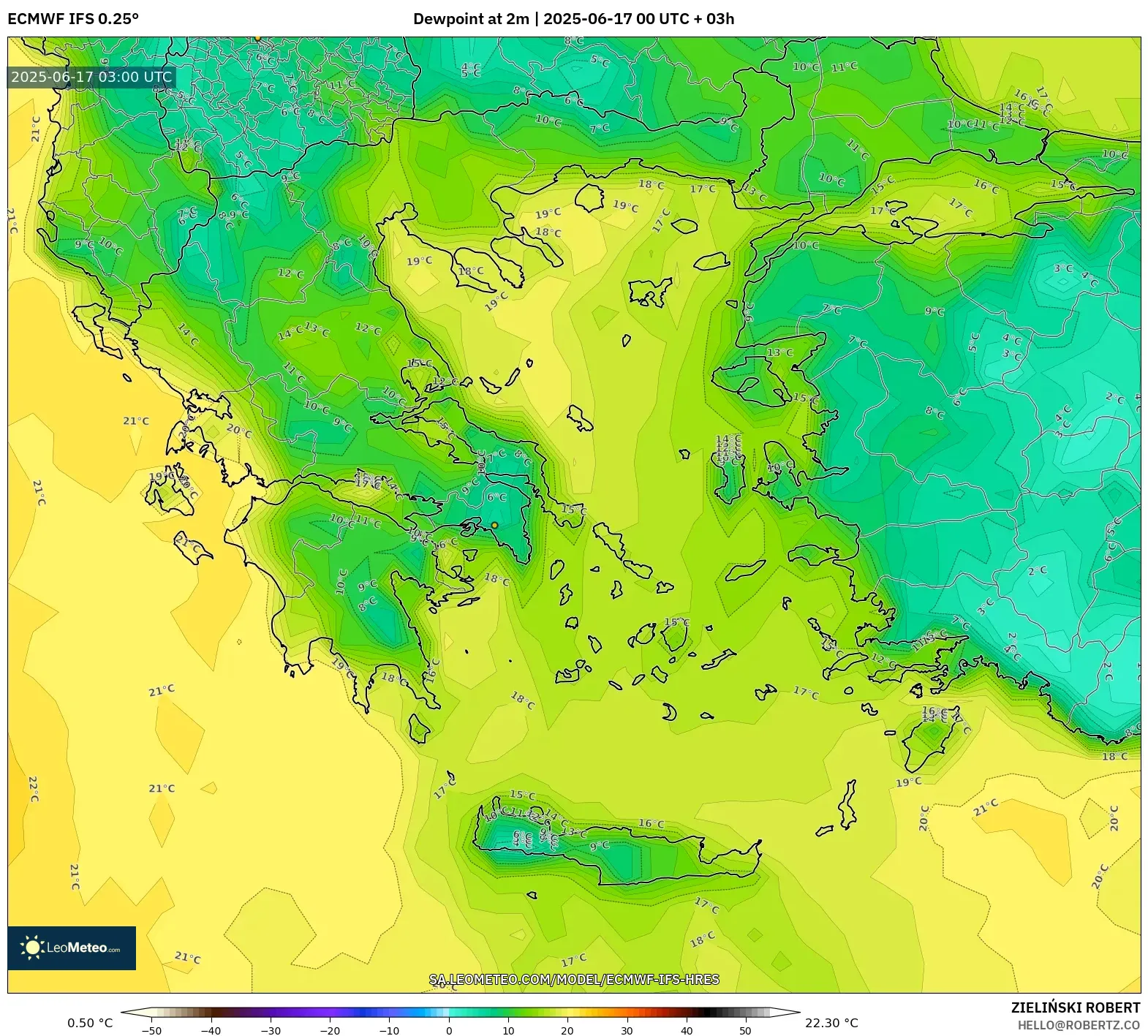 ECMWF IFS 0.25° model - Yunani, Takat Embun 2 m ECMWF IFS 0.25° model - Yunani, Takat Embun 2 m
