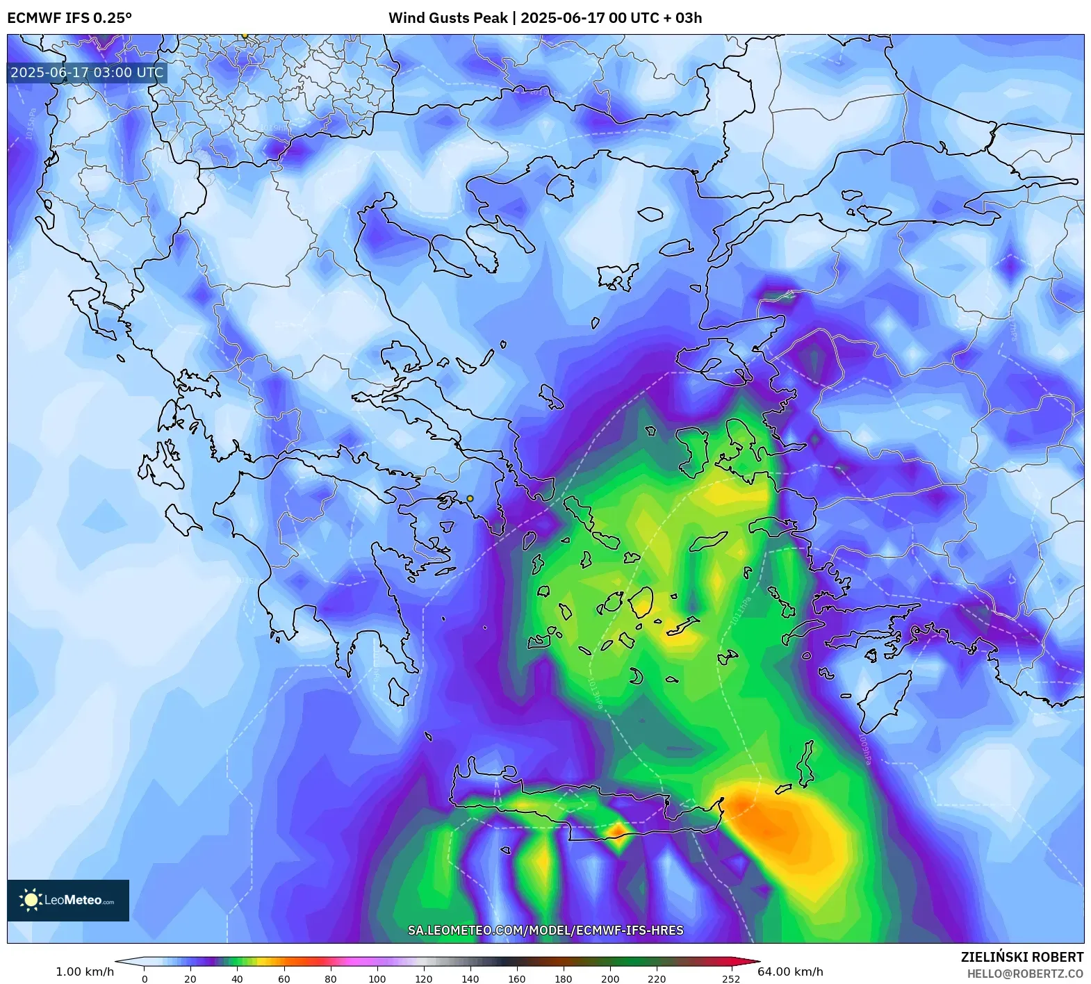 ECMWF IFS 0.25° model - Yunani, Hembusan Tertinggi ECMWF IFS 0.25° model - Yunani, Hembusan Tertinggi