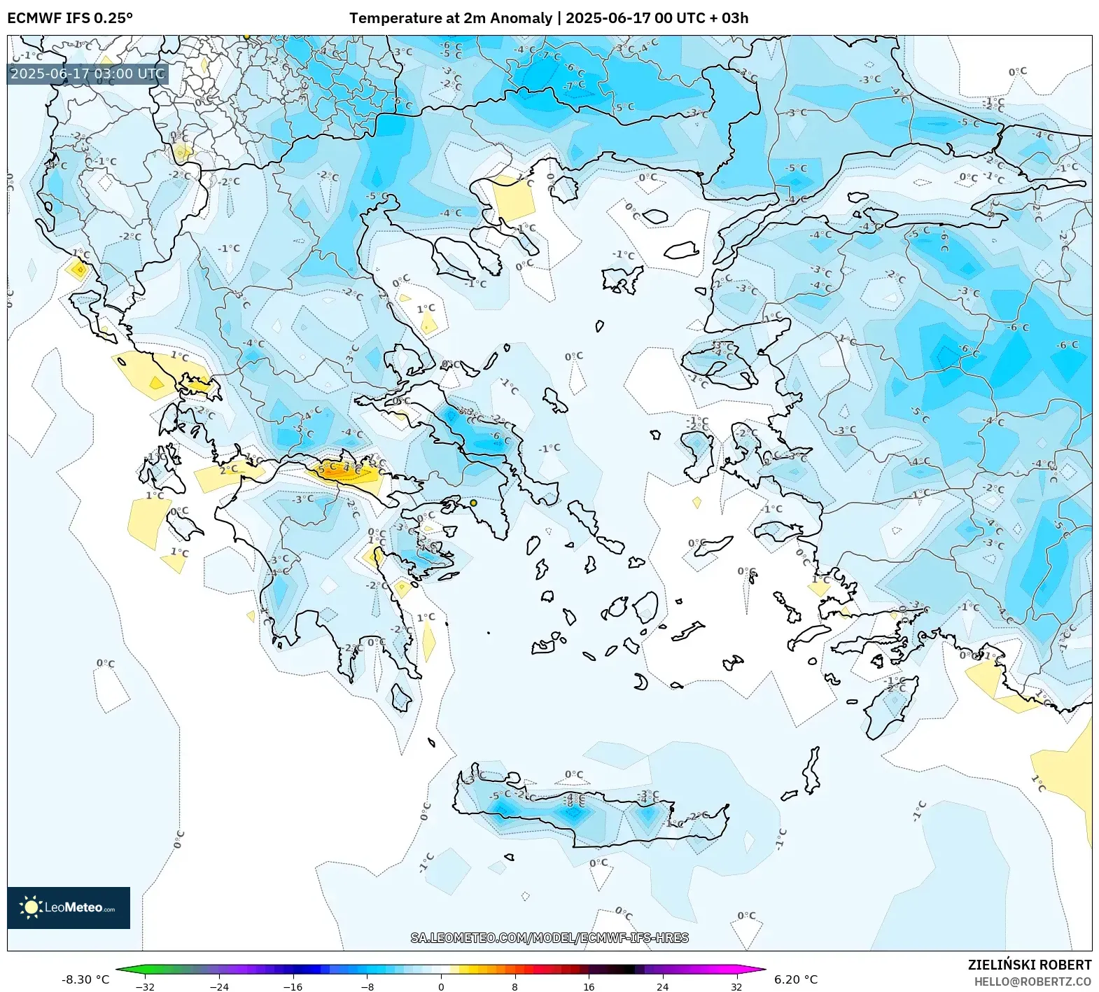 ECMWF IFS 0.25° model - Yunani, Anomali Suhu 2 m ECMWF IFS 0.25° model - Yunani, Anomali Suhu 2 m