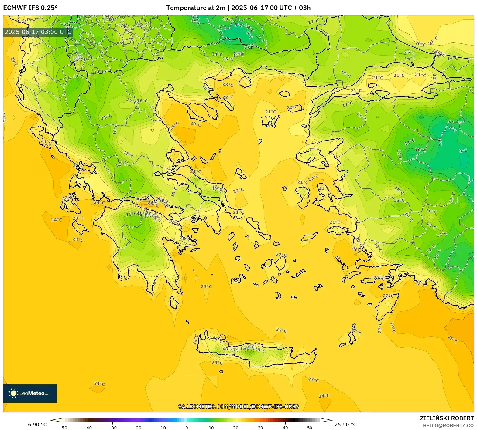 ECMWF IFS 0.25° model - Yunani, Suhu pada 2 m ECMWF IFS 0.25° model - Yunani, Suhu pada 2 m