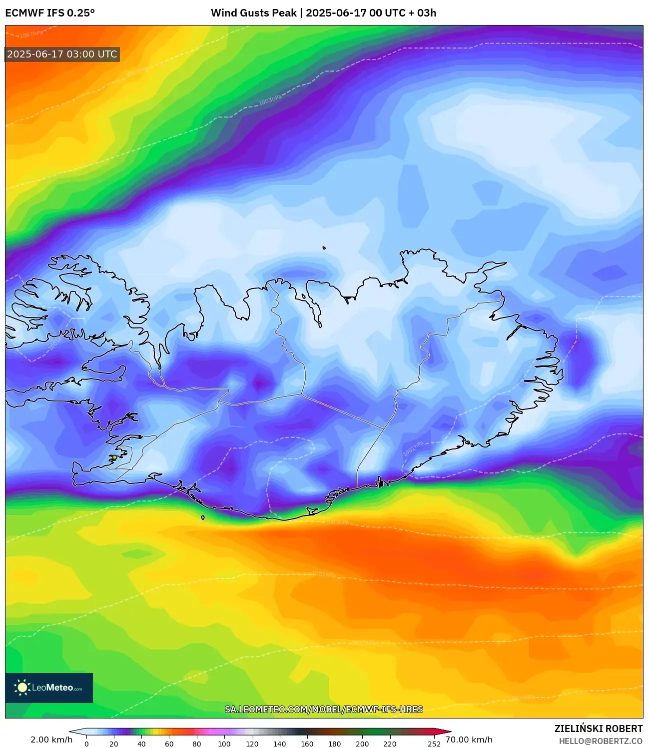 ECMWF IFS 0.25° model - Iceland, Hembusan Tertinggi ECMWF IFS 0.25° model - Iceland, Hembusan Tertinggi