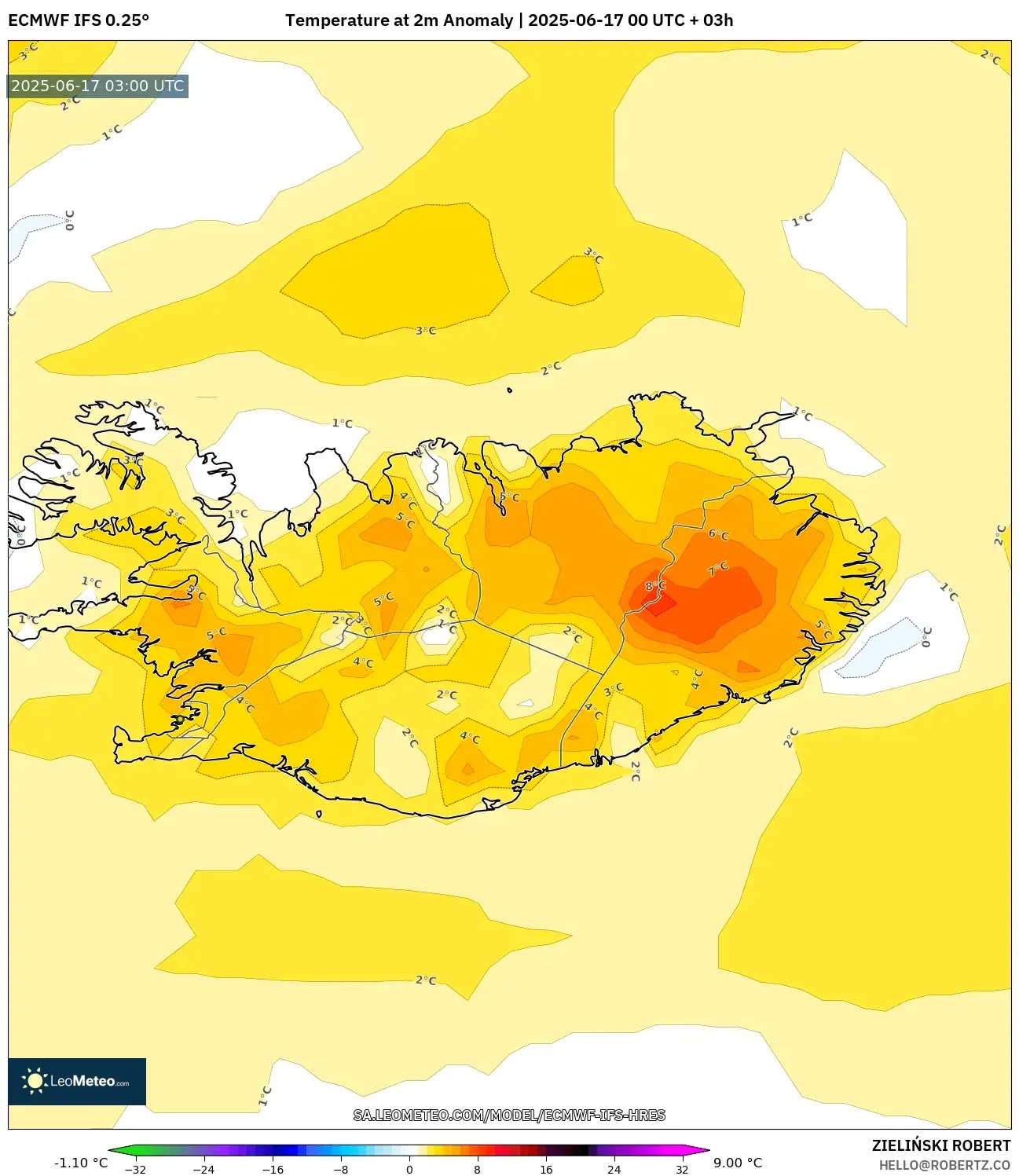 ECMWF IFS 0.25° model - Iceland, Anomali Suhu 2 m ECMWF IFS 0.25° model - Iceland, Anomali Suhu 2 m