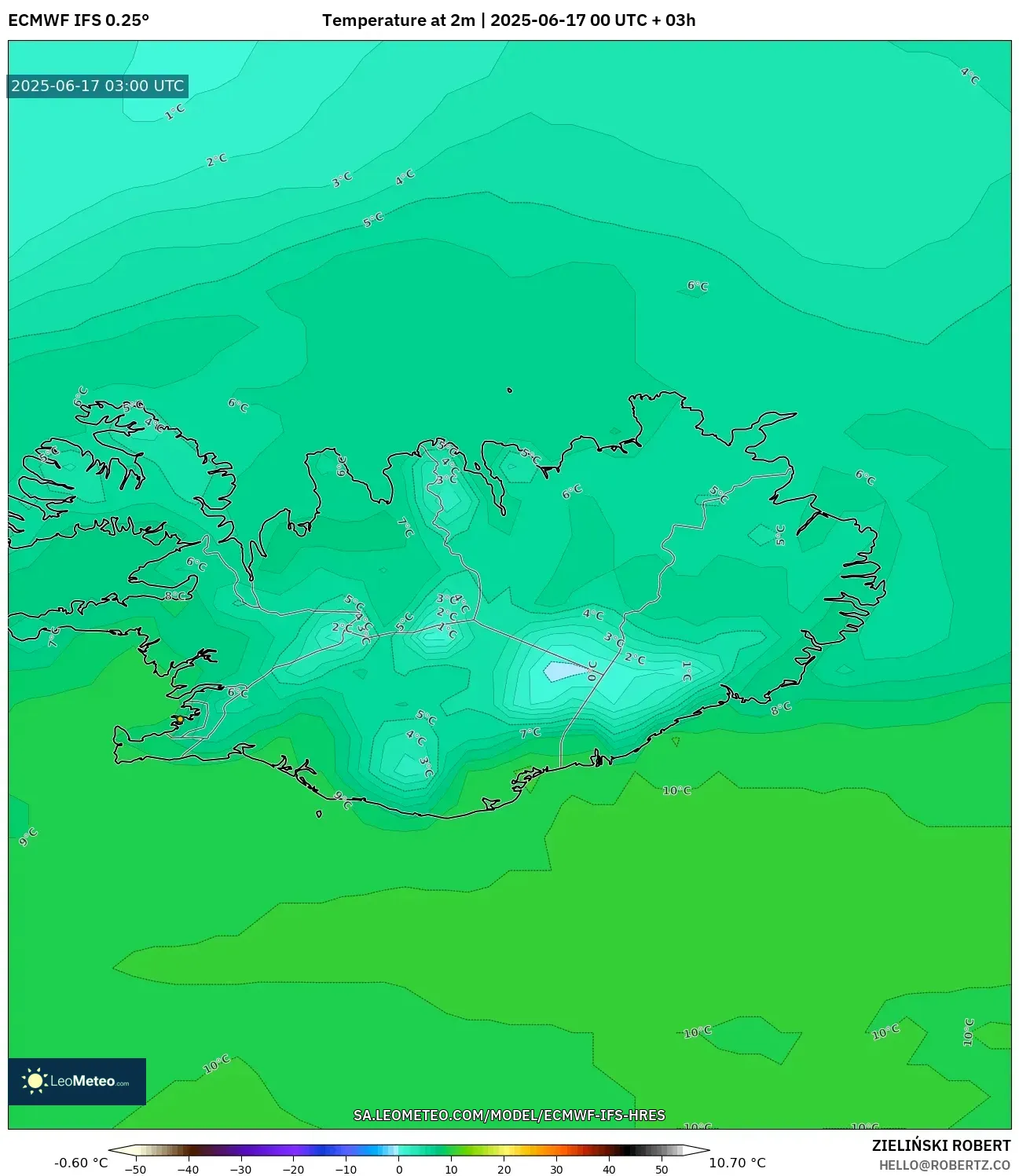 ECMWF IFS 0.25° model - Iceland, Suhu pada 2 m ECMWF IFS 0.25° model - Iceland, Suhu pada 2 m