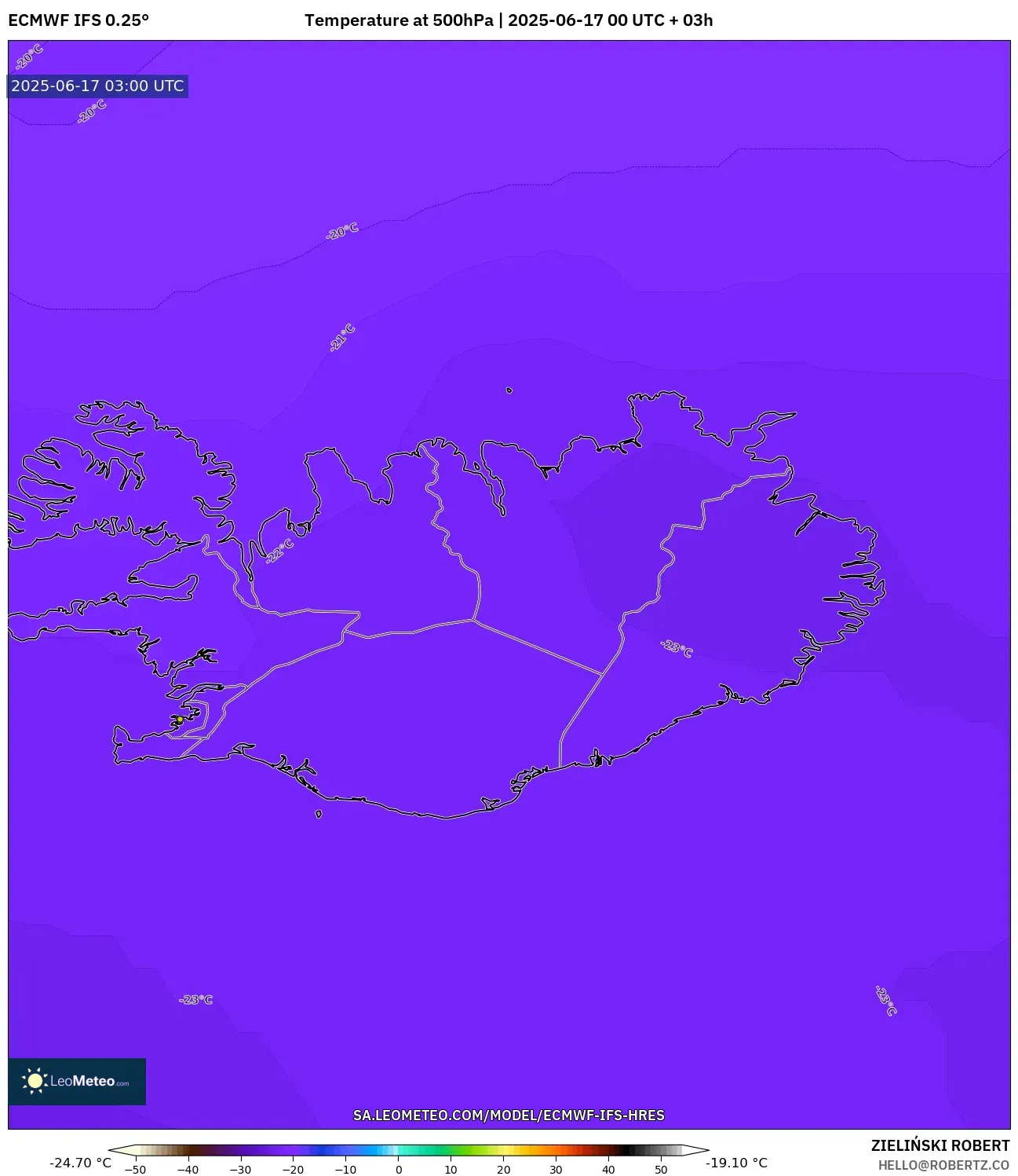 ECMWF IFS 0.25° model - Iceland, Suhu 500 hPa ECMWF IFS 0.25° model - Iceland, Suhu 500 hPa