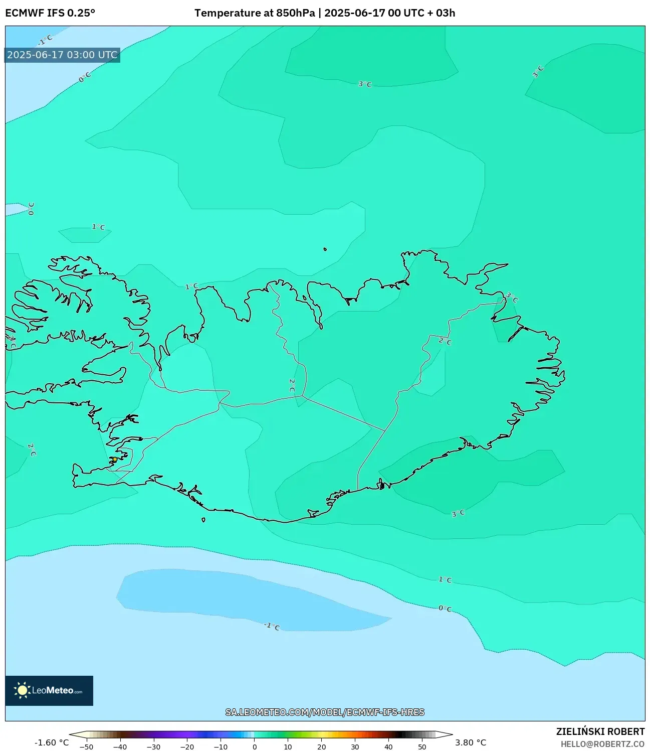 ECMWF IFS 0.25° model - Iceland, Suhu 850 hPa ECMWF IFS 0.25° model - Iceland, Suhu 850 hPa