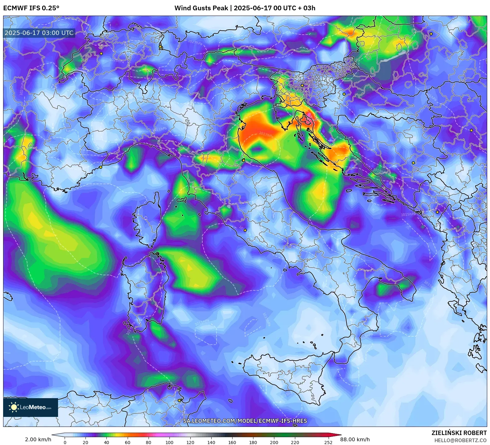 ECMWF IFS 0.25° model - Itali, Hembusan Tertinggi ECMWF IFS 0.25° model - Itali, Hembusan Tertinggi