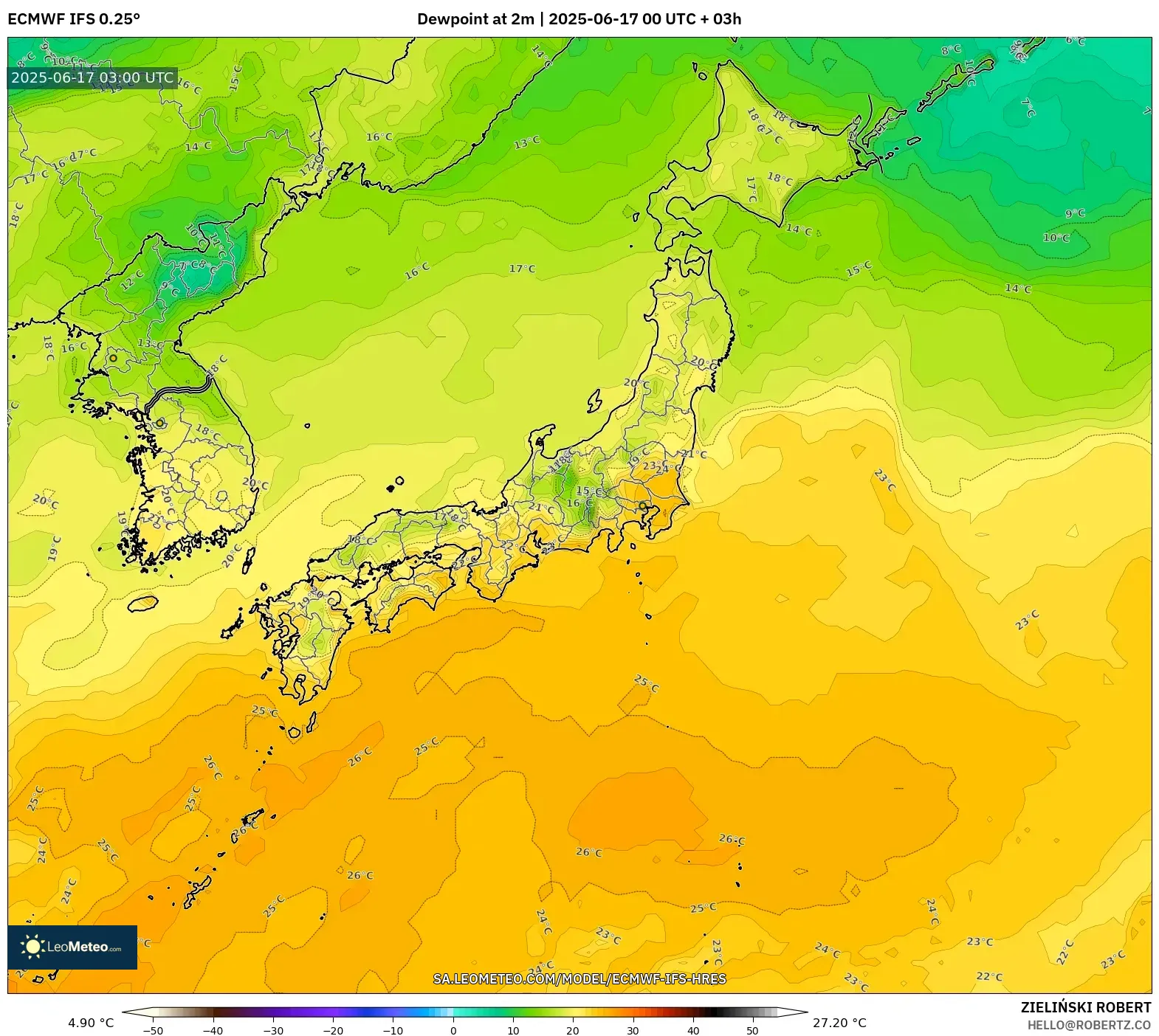 ECMWF IFS 0.25° model - Jepun, Takat Embun 2 m ECMWF IFS 0.25° model - Jepun, Takat Embun 2 m