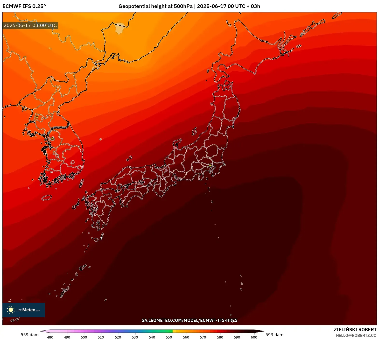 ECMWF IFS 0.25° model - Jepun, Ketinggian geopotensial pada 500 hPa ECMWF IFS 0.25° model - Jepun, Ketinggian geopotensial pada 500 hPa