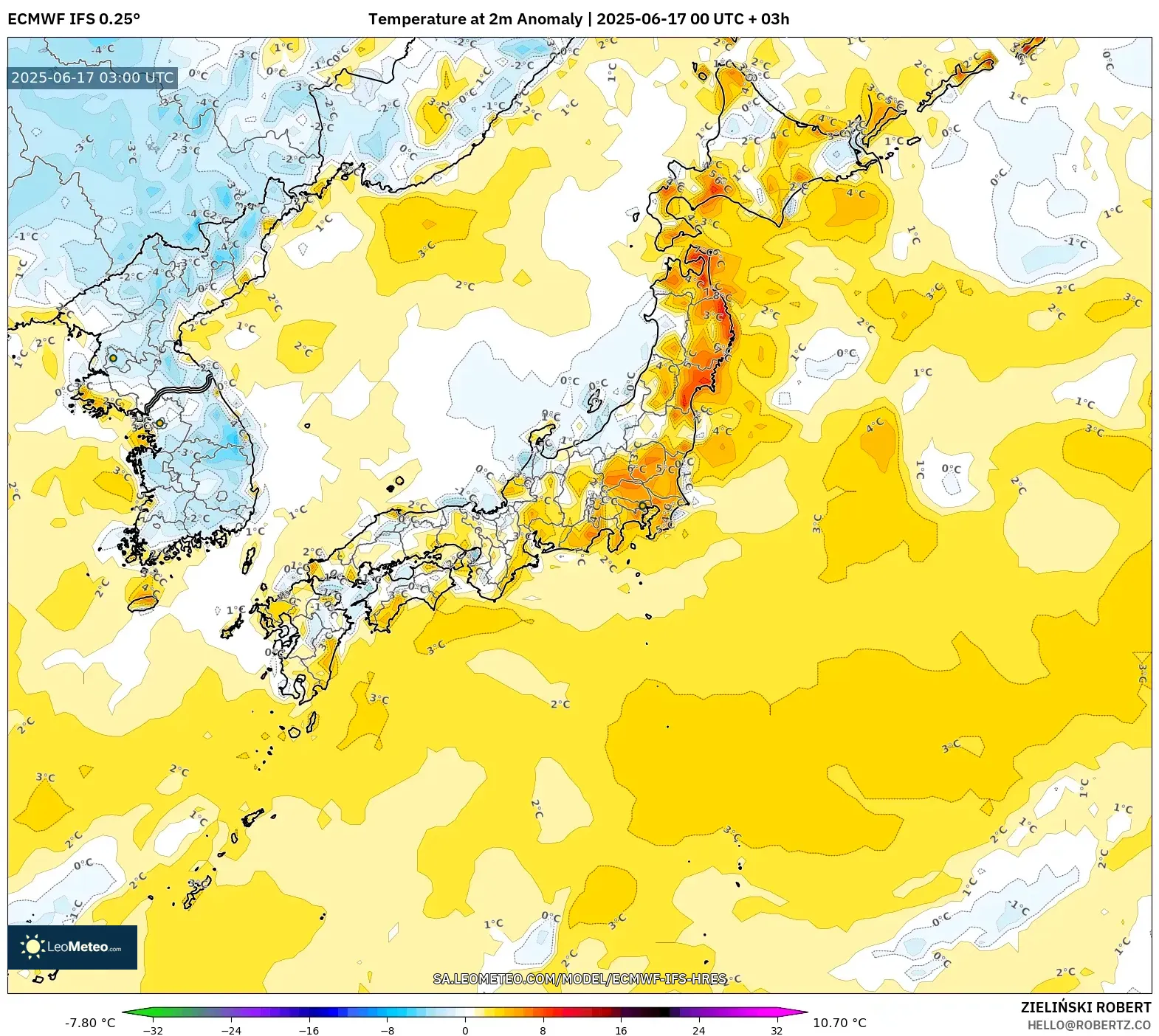 ECMWF IFS 0.25° model - Jepun, Anomali Suhu 2 m ECMWF IFS 0.25° model - Jepun, Anomali Suhu 2 m