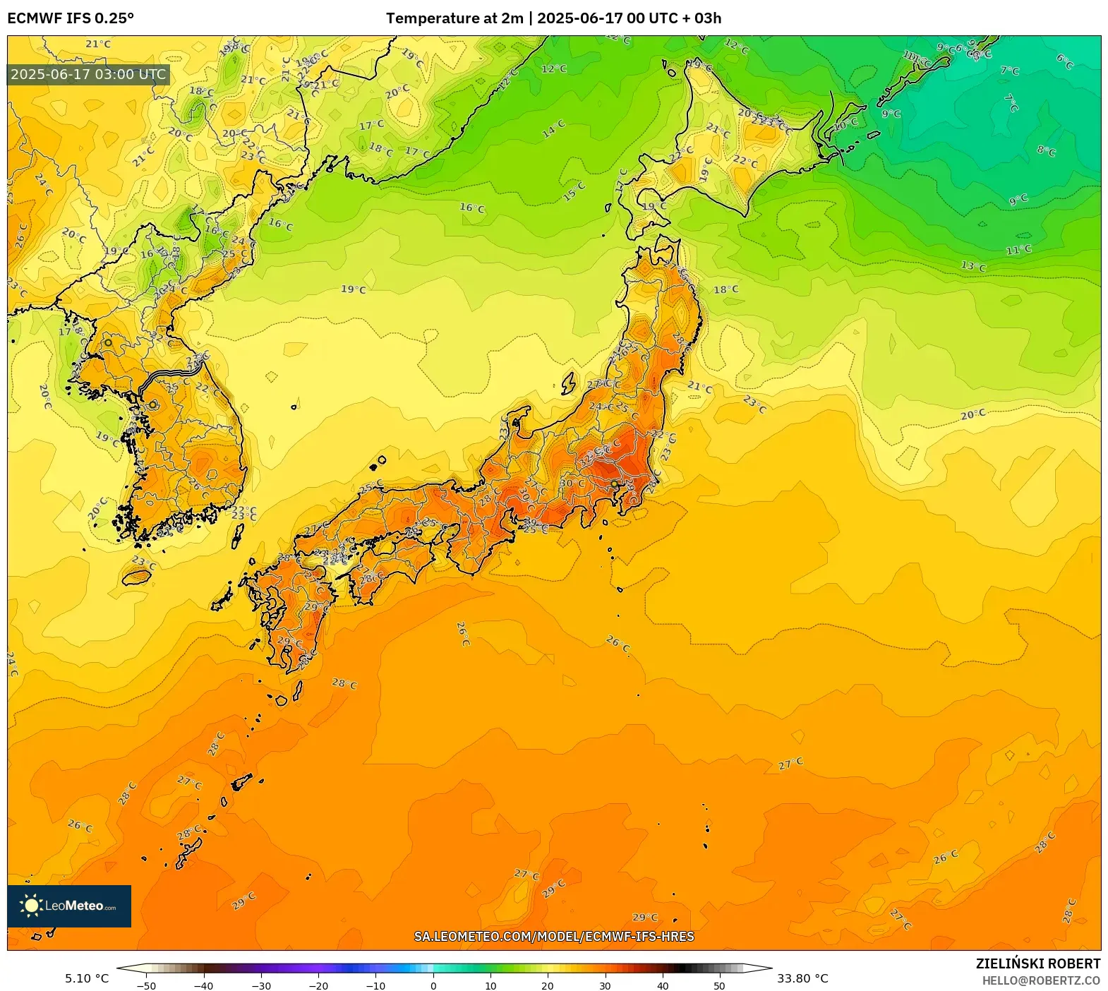 ECMWF IFS 0.25° model - Jepun, Suhu pada 2 m ECMWF IFS 0.25° model - Jepun, Suhu pada 2 m