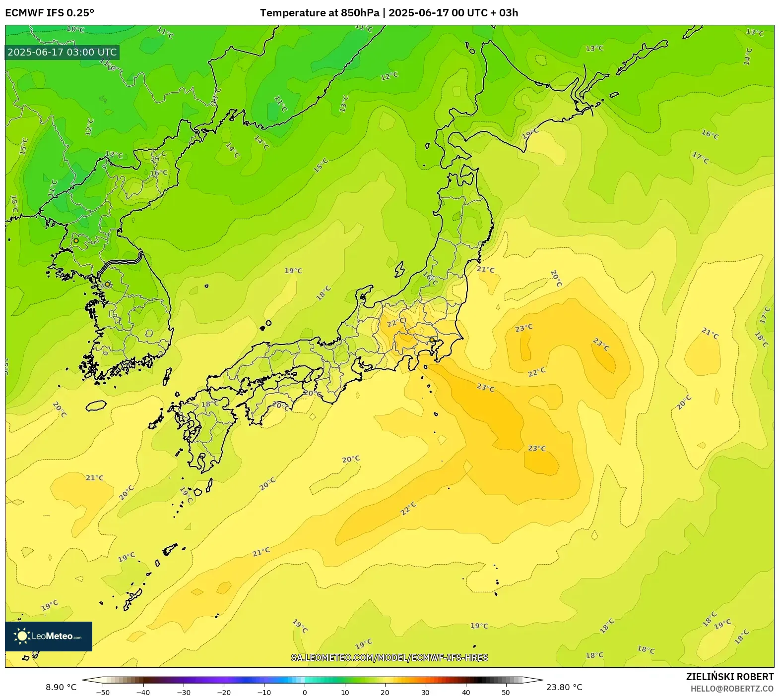ECMWF IFS 0.25° model - Jepun, Suhu 850 hPa ECMWF IFS 0.25° model - Jepun, Suhu 850 hPa