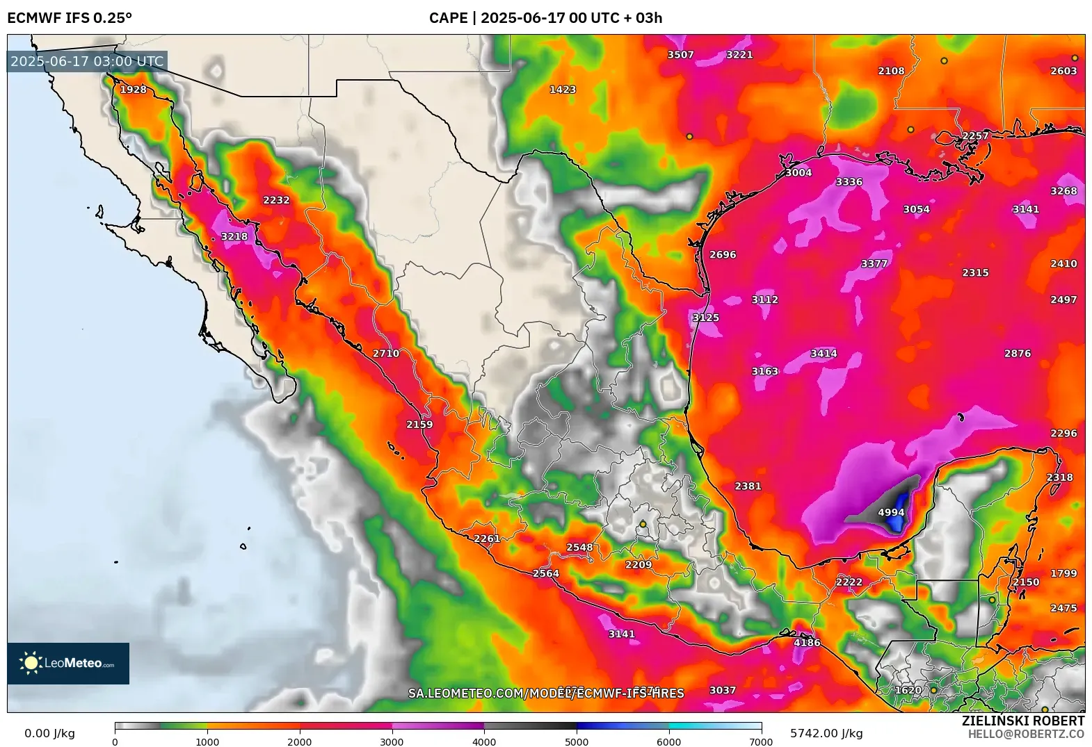 ECMWF IFS 0.25° model - Mexico, CAPE ECMWF IFS 0.25° model - Mexico, CAPE
