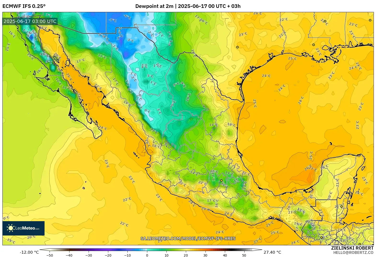 ECMWF IFS 0.25° model - Mexico, Takat Embun 2 m ECMWF IFS 0.25° model - Mexico, Takat Embun 2 m
