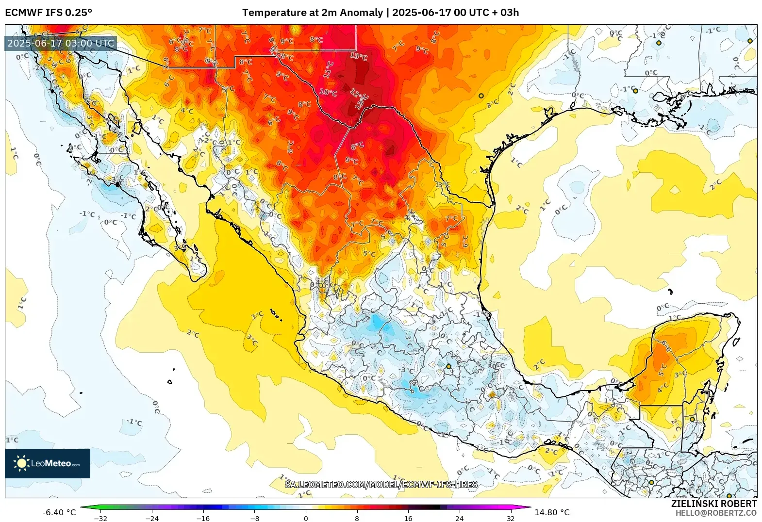 ECMWF IFS 0.25° model - Mexico, Anomali Suhu 2 m ECMWF IFS 0.25° model - Mexico, Anomali Suhu 2 m