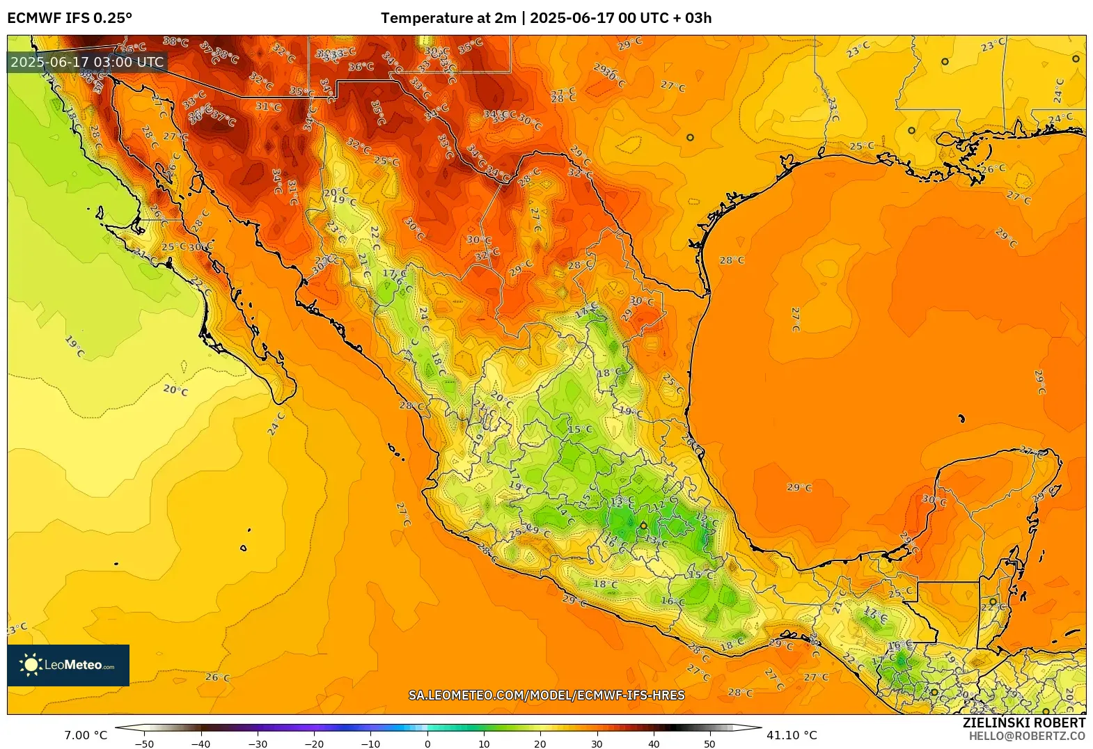 ECMWF IFS 0.25° model - Mexico, Suhu pada 2 m ECMWF IFS 0.25° model - Mexico, Suhu pada 2 m