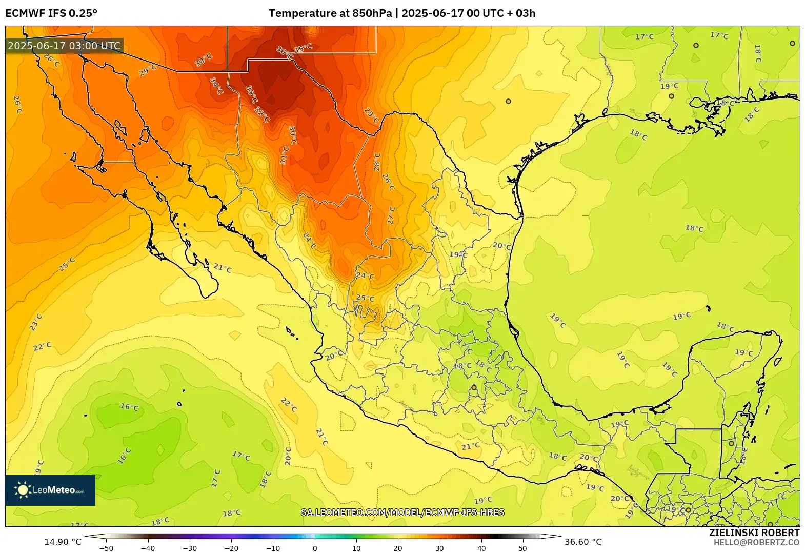 ECMWF IFS 0.25° model - Mexico, Suhu 850 hPa ECMWF IFS 0.25° model - Mexico, Suhu 850 hPa