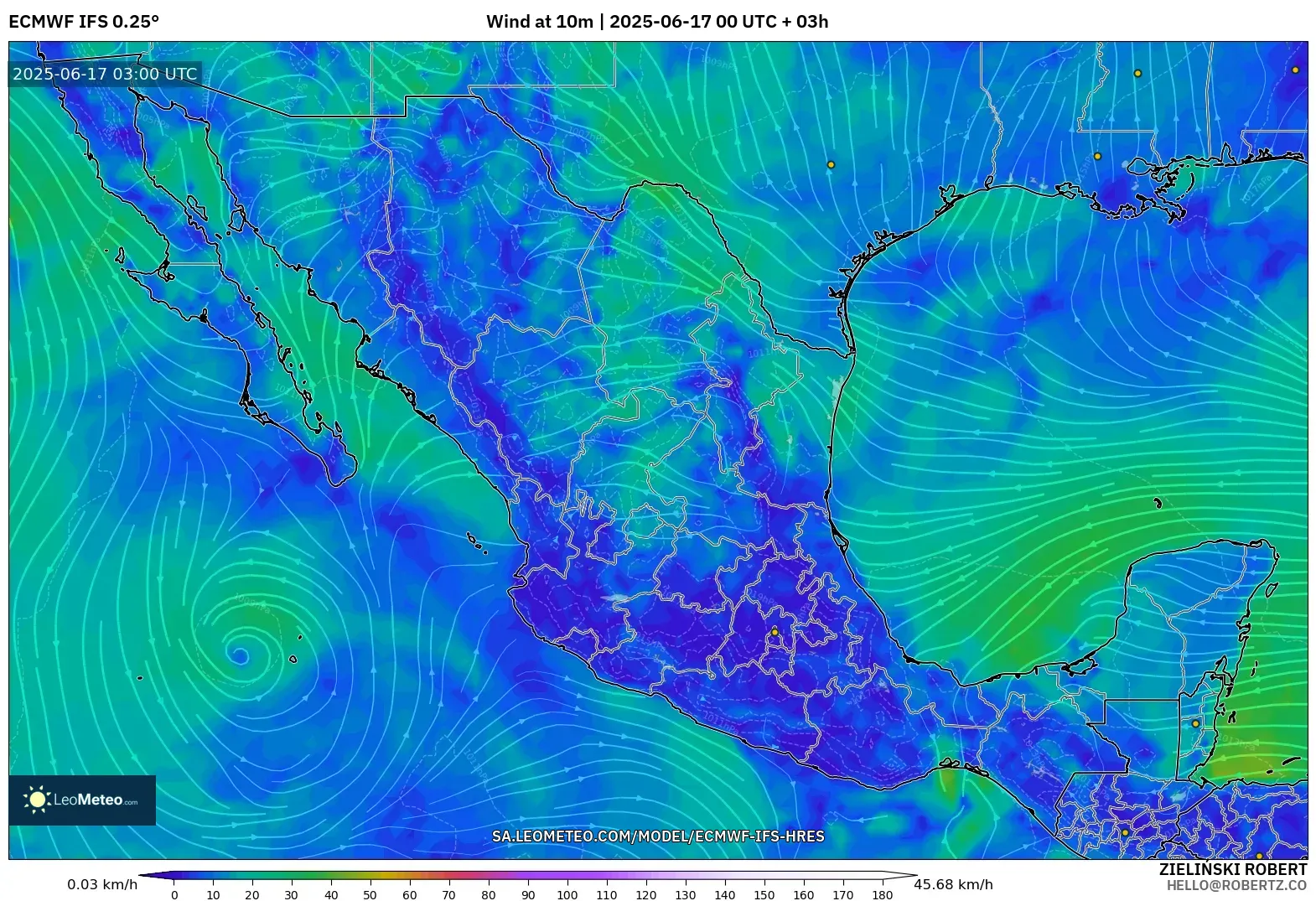 ECMWF IFS 0.25° model - Mexico, Angin 10 m ECMWF IFS 0.25° model - Mexico, Angin 10 m