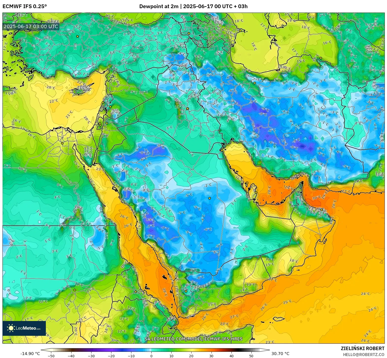 ECMWF IFS 0.25° model - Timur Tengah, Takat Embun 2 m ECMWF IFS 0.25° model - Timur Tengah, Takat Embun 2 m