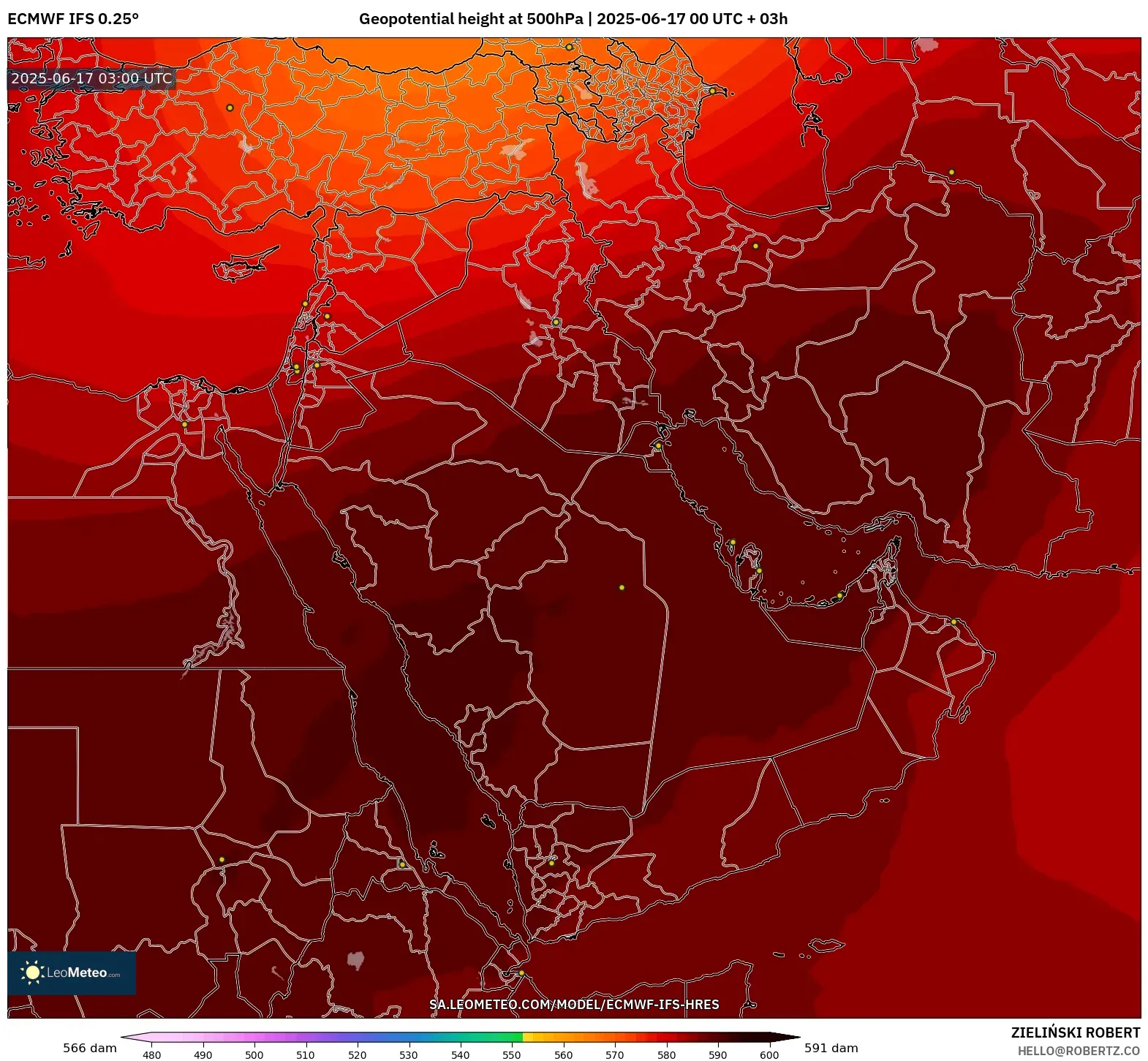 ECMWF IFS 0.25° model - Timur Tengah, Ketinggian geopotensial pada 500 hPa ECMWF IFS 0.25° model - Timur Tengah, Ketinggian geopotensial pada 500 hPa