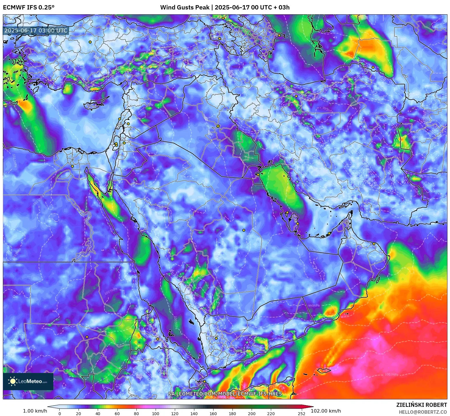 ECMWF IFS 0.25° model - Timur Tengah, Hembusan Tertinggi ECMWF IFS 0.25° model - Timur Tengah, Hembusan Tertinggi
