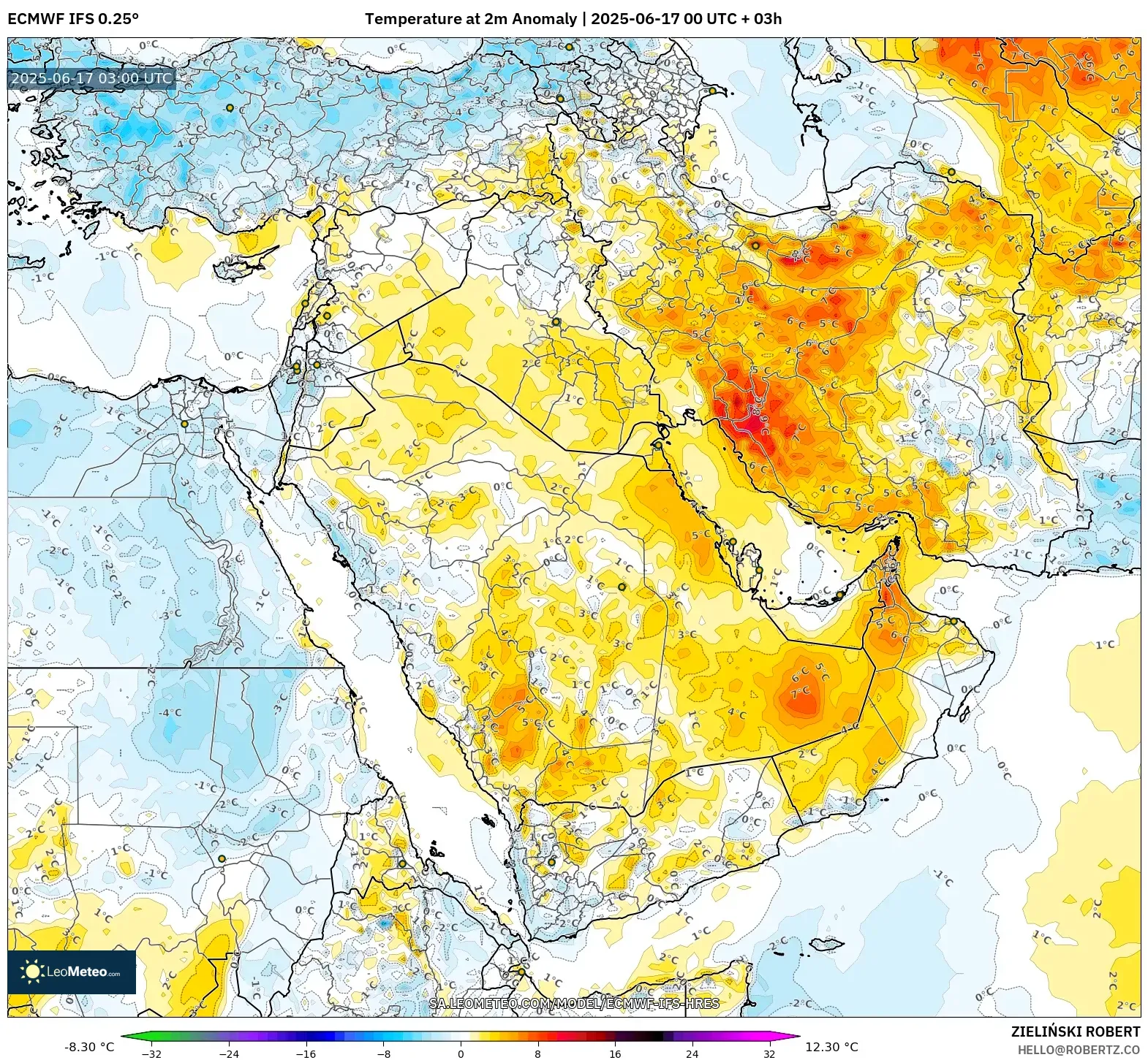 ECMWF IFS 0.25° model - Timur Tengah, Anomali Suhu 2 m ECMWF IFS 0.25° model - Timur Tengah, Anomali Suhu 2 m