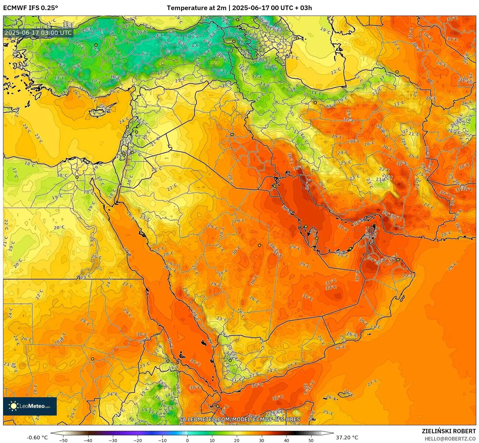 ECMWF IFS 0.25° model - Timur Tengah, Suhu pada 2 m ECMWF IFS 0.25° model - Timur Tengah, Suhu pada 2 m