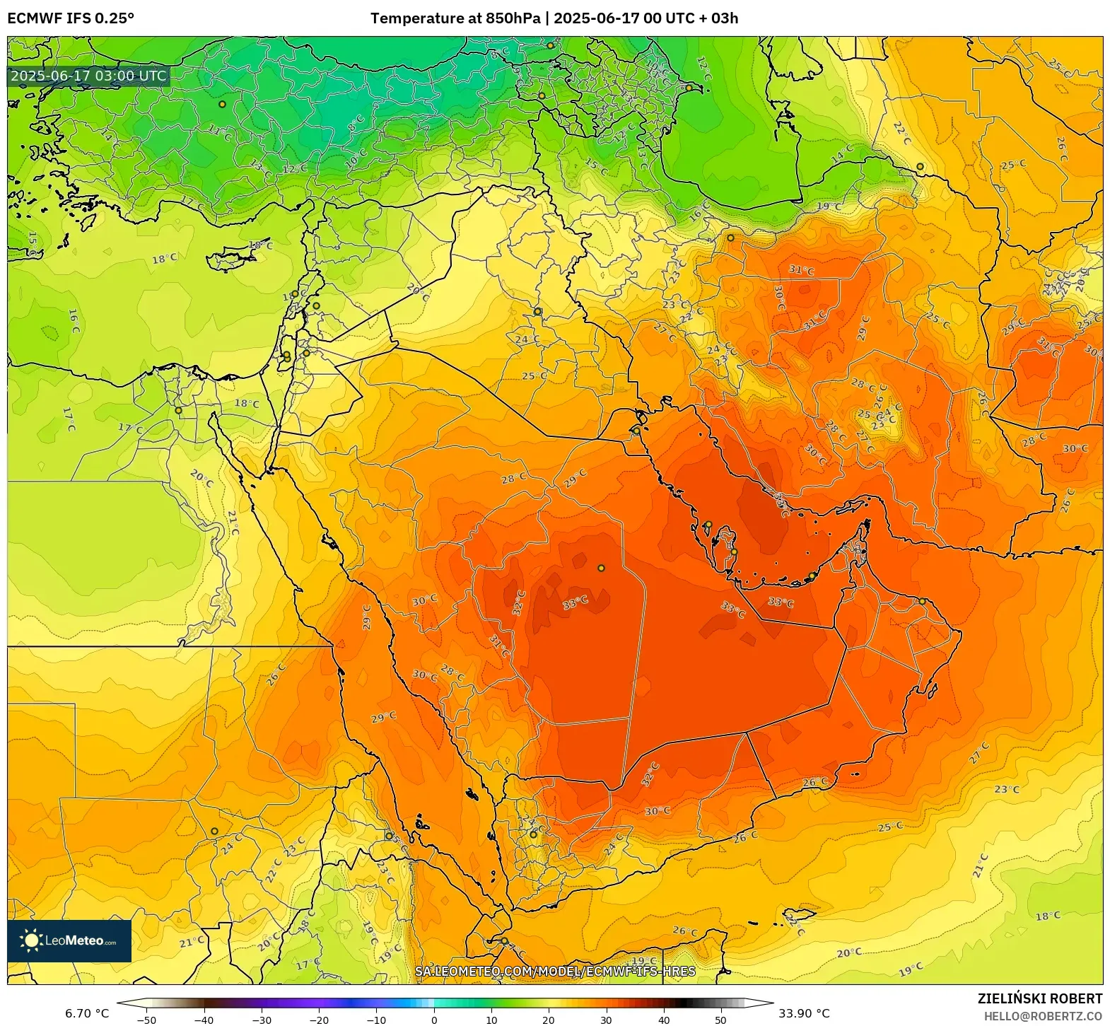 ECMWF IFS 0.25° model - Timur Tengah, Suhu 850 hPa ECMWF IFS 0.25° model - Timur Tengah, Suhu 850 hPa