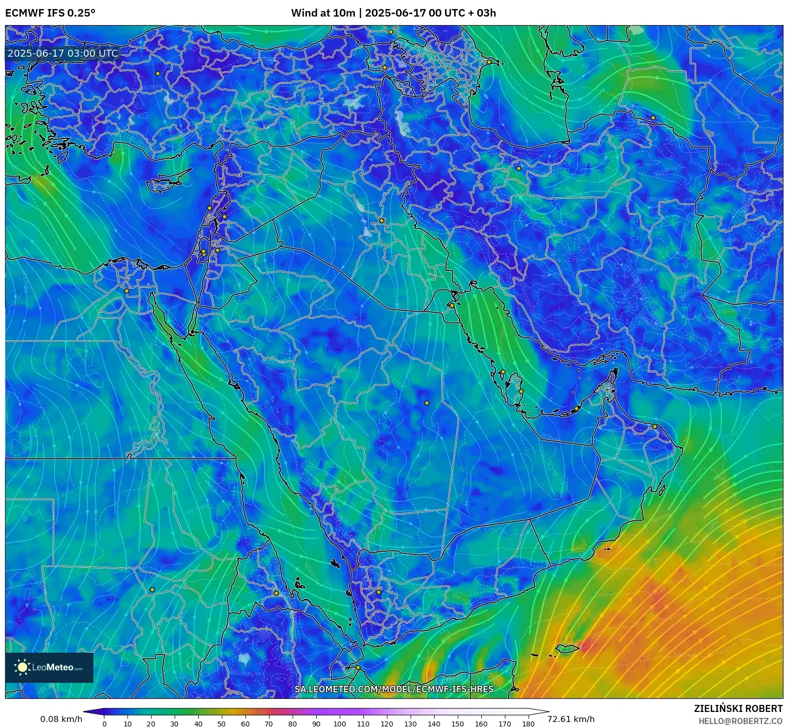 ECMWF IFS 0.25° model - Timur Tengah, Angin 10 m ECMWF IFS 0.25° model - Timur Tengah, Angin 10 m