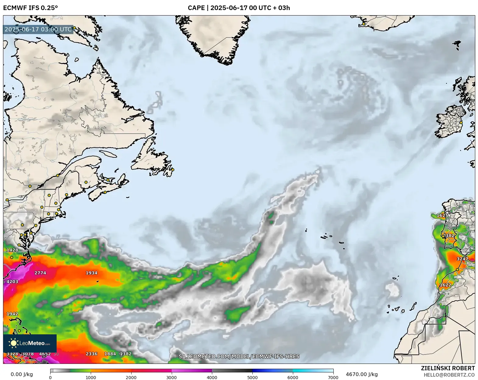 ECMWF IFS 0.25° model - Atlantik Utara, CAPE ECMWF IFS 0.25° model - Atlantik Utara, CAPE