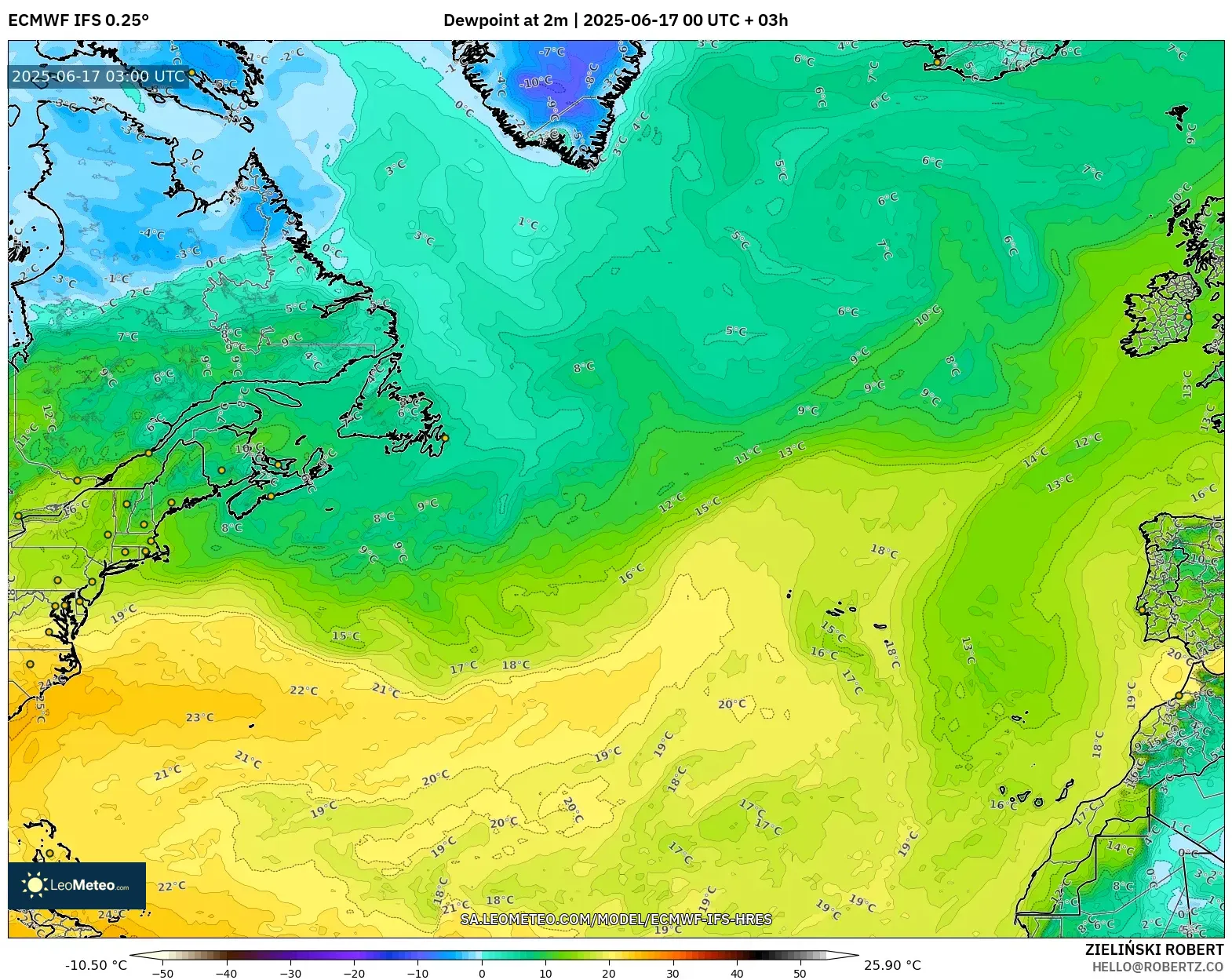 ECMWF IFS 0.25° model - Atlantik Utara, Takat Embun 2 m ECMWF IFS 0.25° model - Atlantik Utara, Takat Embun 2 m