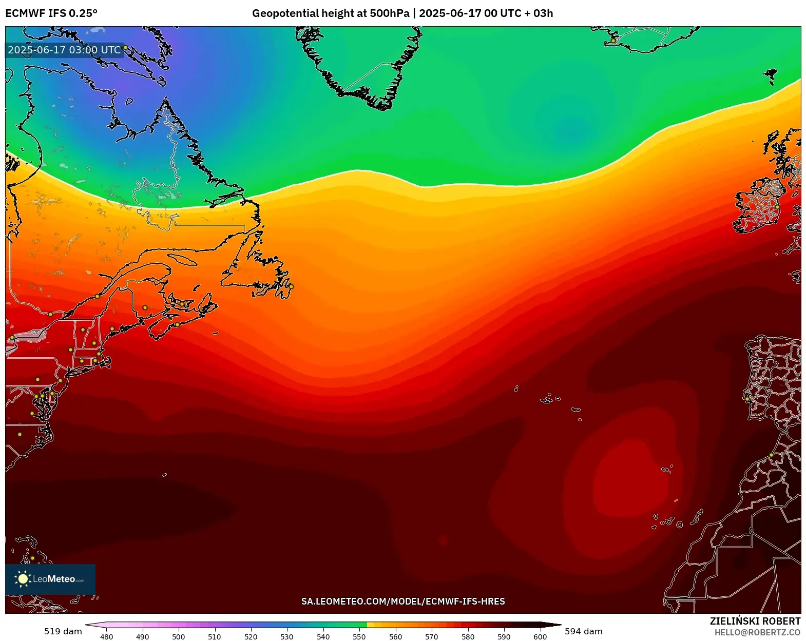 ECMWF IFS 0.25° model - Atlantik Utara, Ketinggian geopotensial pada 500 hPa ECMWF IFS 0.25° model - Atlantik Utara, Ketinggian geopotensial pada 500 hPa