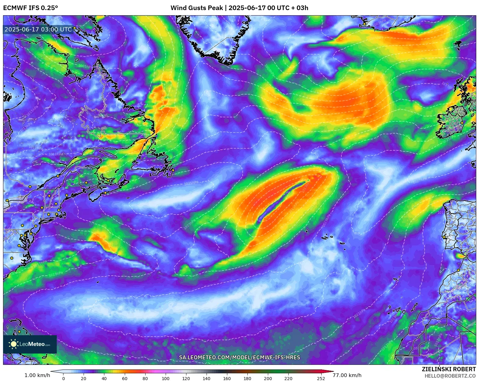 ECMWF IFS 0.25° model - Atlantik Utara, Hembusan Tertinggi ECMWF IFS 0.25° model - Atlantik Utara, Hembusan Tertinggi