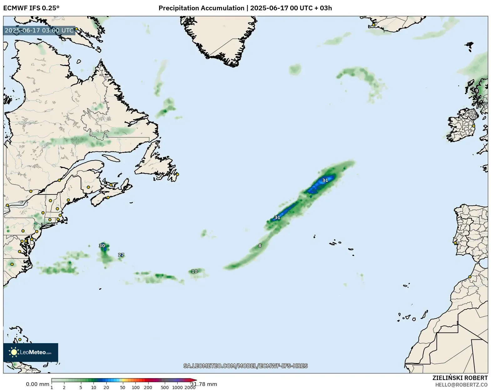 ECMWF IFS 0.25° model - Atlantik Utara, Pengumpulan Hujan ECMWF IFS 0.25° model - Atlantik Utara, Pengumpulan Hujan