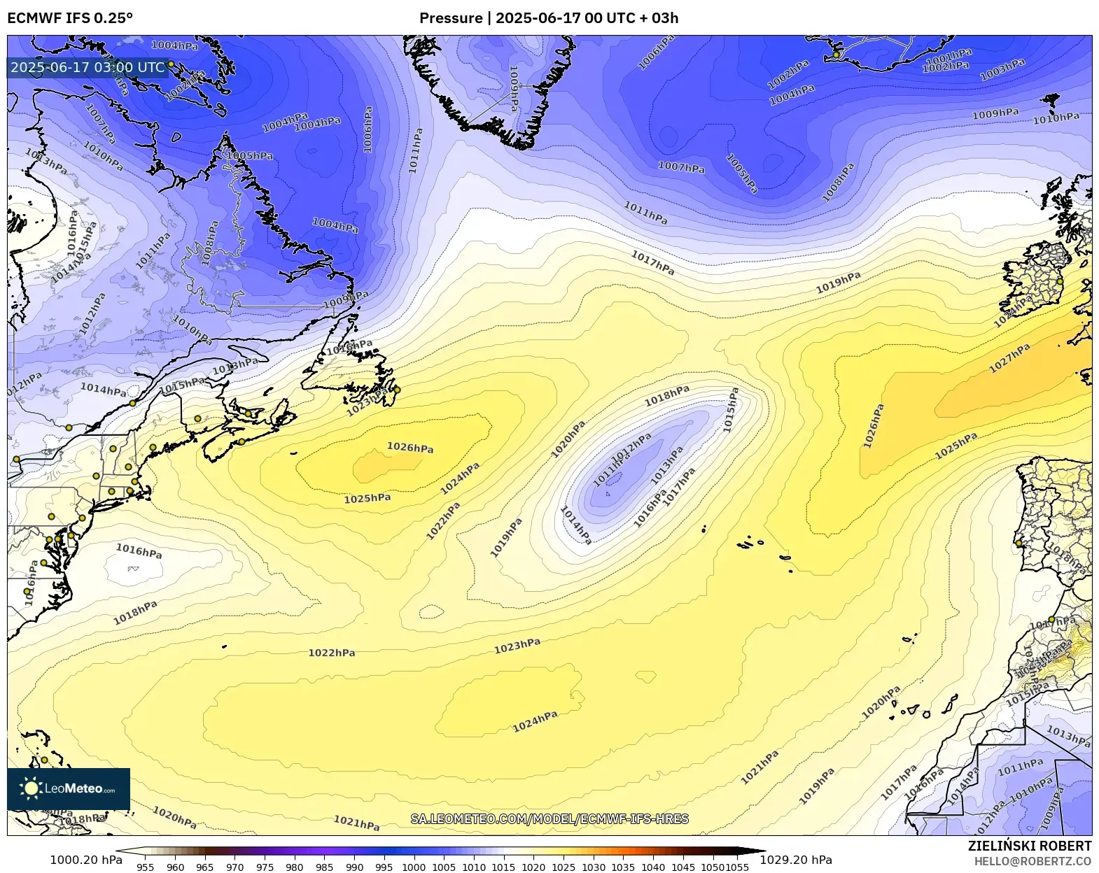 ECMWF IFS 0.25° model - Atlantik Utara, Tekanan ECMWF IFS 0.25° model - Atlantik Utara, Tekanan