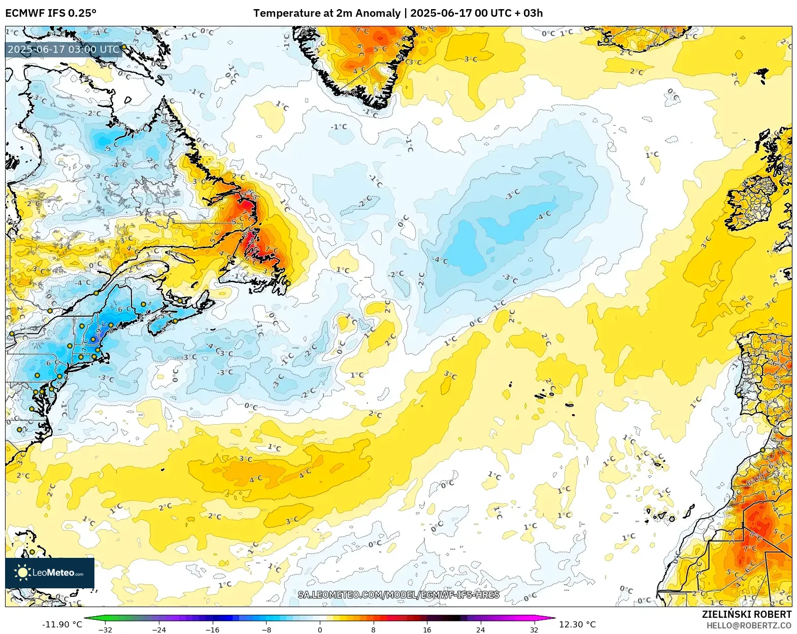 ECMWF IFS 0.25° model - Atlantik Utara, Anomali Suhu 2 m ECMWF IFS 0.25° model - Atlantik Utara, Anomali Suhu 2 m