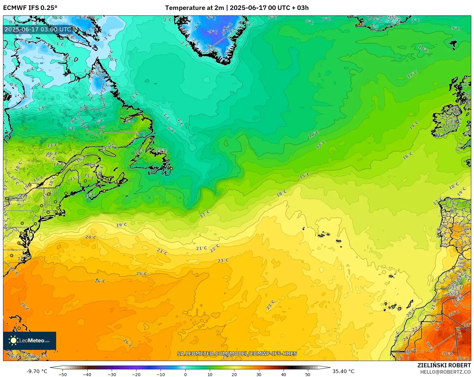 ECMWF IFS 0.25° model - Atlantik Utara, Suhu pada 2 m ECMWF IFS 0.25° model - Atlantik Utara, Suhu pada 2 m