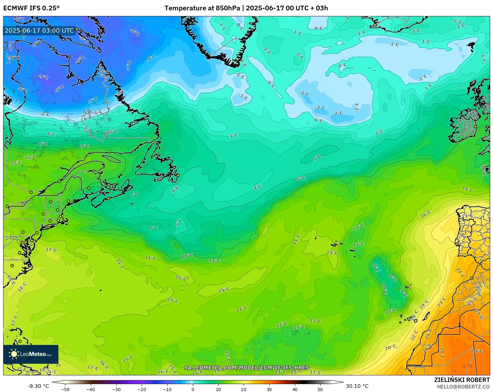 ECMWF IFS 0.25° model - Atlantik Utara, Suhu 850 hPa ECMWF IFS 0.25° model - Atlantik Utara, Suhu 850 hPa