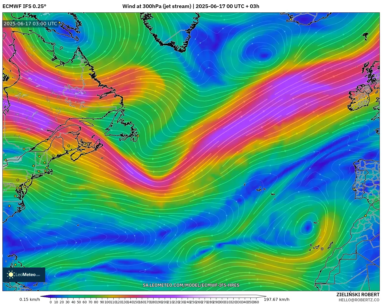 ECMWF IFS 0.25° model - Atlantik Utara, Angin 300 hPa (aliran jet) ECMWF IFS 0.25° model - Atlantik Utara, Angin 300 hPa (aliran jet)