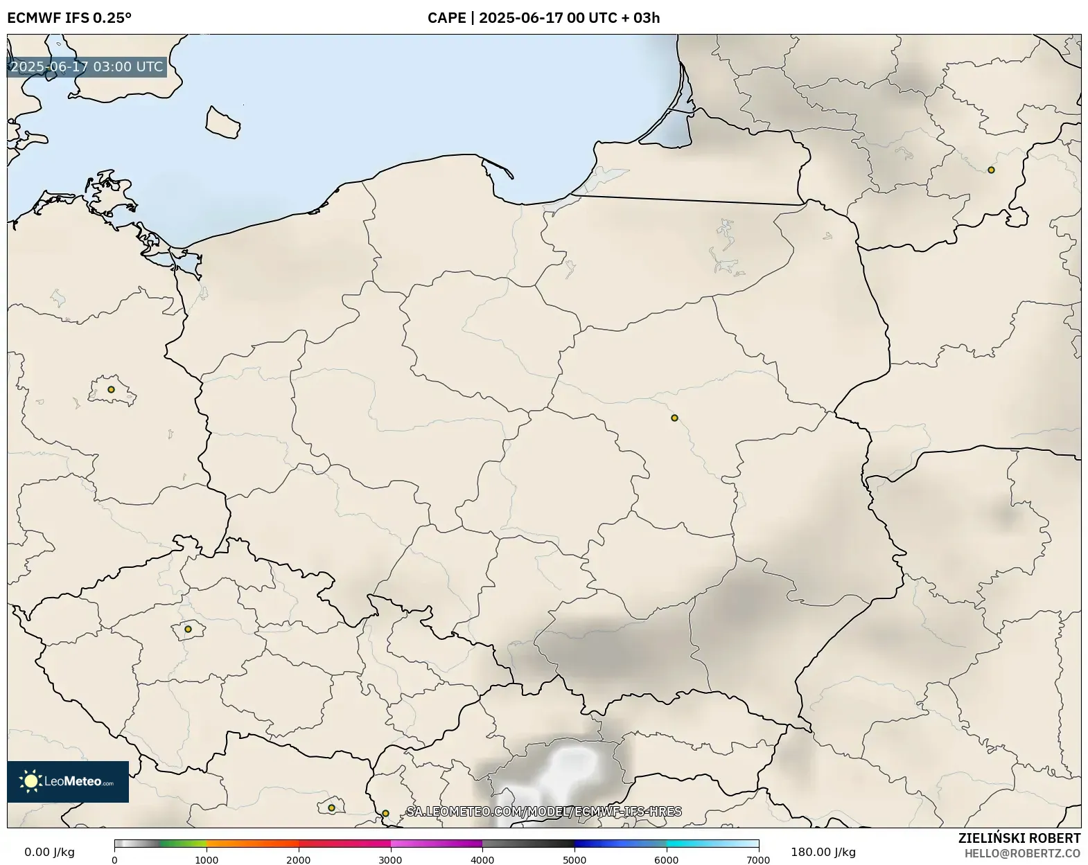 ECMWF IFS 0.25° model - Poland, CAPE ECMWF IFS 0.25° model - Poland, CAPE