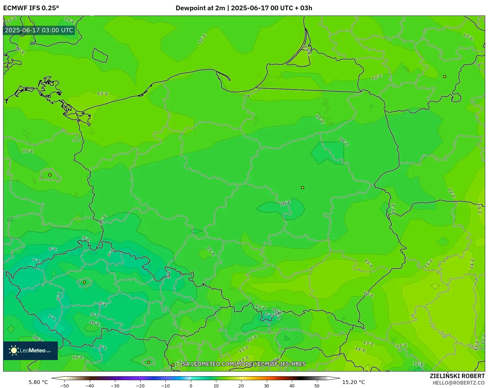 ECMWF IFS 0.25° model - Poland, Takat Embun 2 m ECMWF IFS 0.25° model - Poland, Takat Embun 2 m